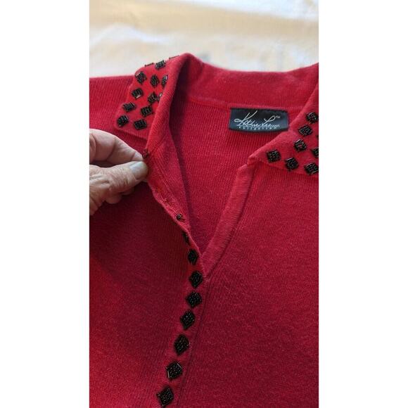 Vintage Kathie Lee Collection Ladies Winter Beaded Faux Cardigan Red/Black Med - Picture 6 of 7